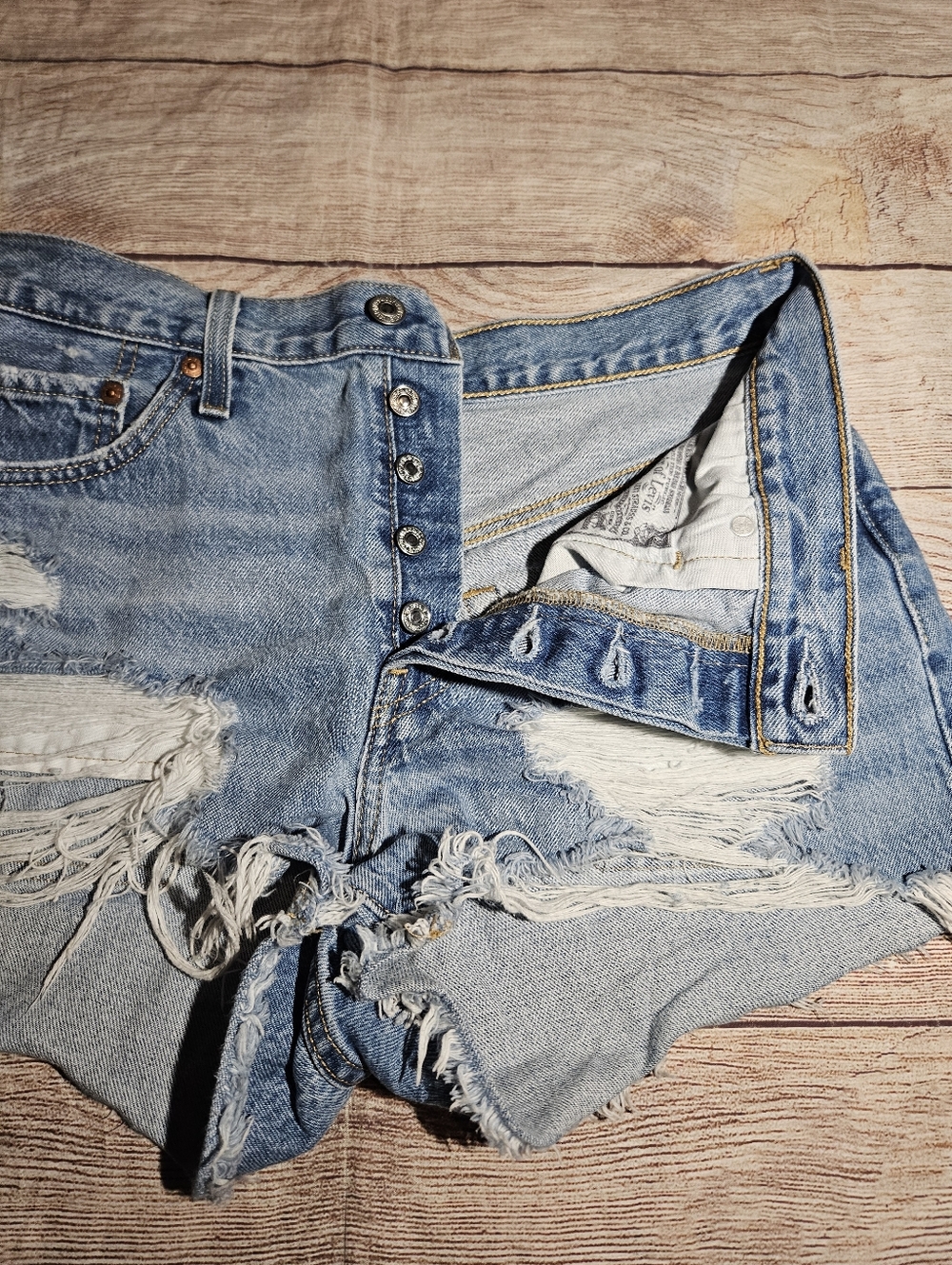 LEVI'S 501 High Rise Quiet Riot Distressed Ripped Denim Jean Shorts - Picture 8 of 11
